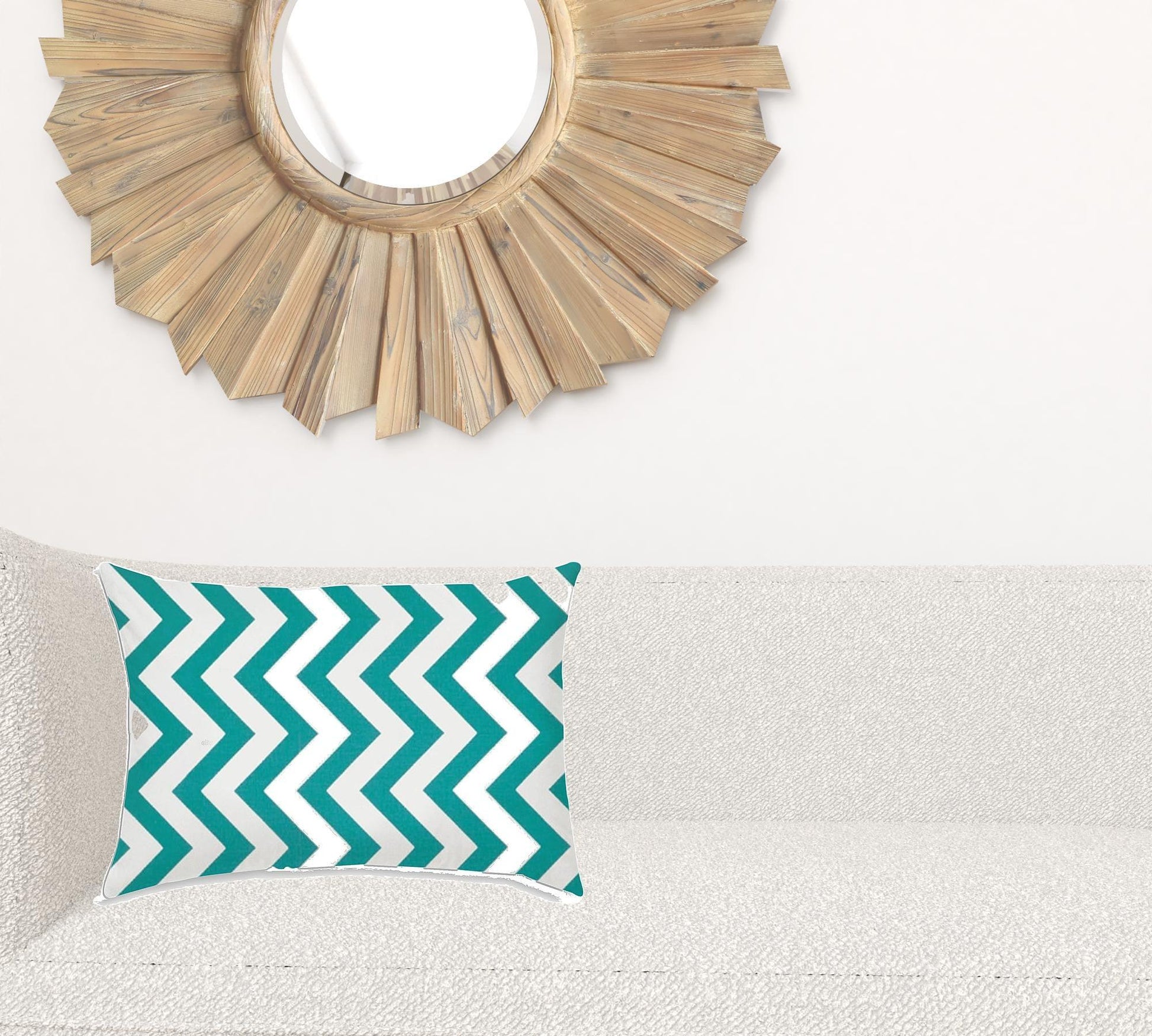 14" X 20" Turquoise And White Blown Seam Zigzag Lumbar Indoor Outdoor Pillow - FurniFindUSA