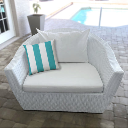 14" X 20" Turquoise And White Blown Seam Striped Lumbar Indoor Outdoor Pillow