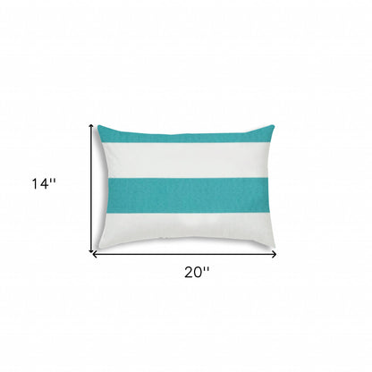 14" X 20" Turquoise And White Blown Seam Striped Lumbar Indoor Outdoor Pillow