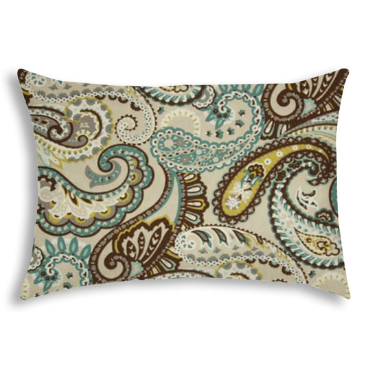 14" X 20" Brown And Teal Blown Seam Paisley Lumbar Indoor Outdoor Pillow - FurniFindUSA