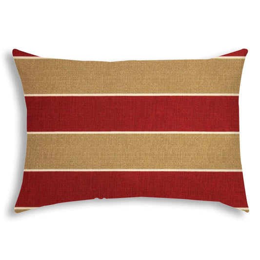 14" X 20" Red And Cream Blown Seam Striped Lumbar Indoor Outdoor Pillow - FurniFindUSA