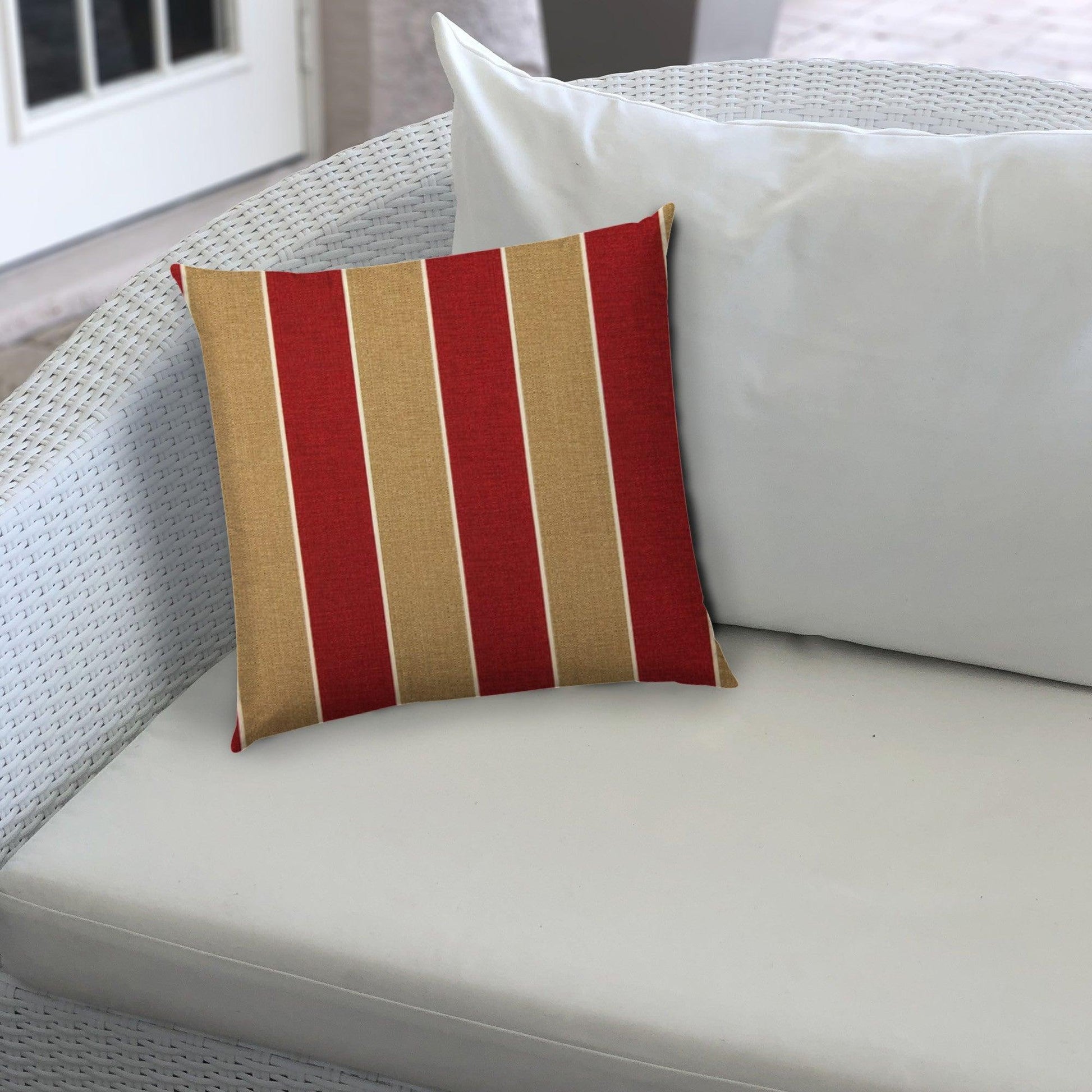 14" X 20" Red And Cream Blown Seam Striped Lumbar Indoor Outdoor Pillow - FurniFindUSA