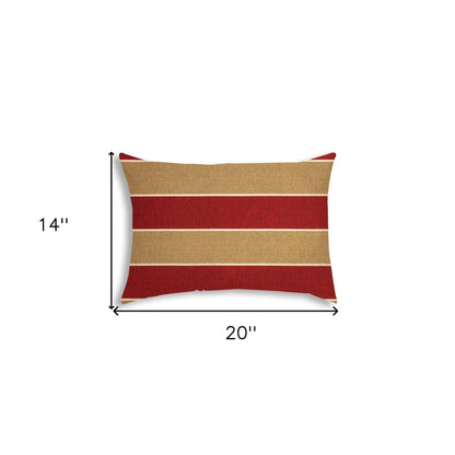 14" X 20" Red And Cream Blown Seam Striped Lumbar Indoor Outdoor Pillow - FurniFindUSA