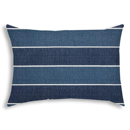 14" X 20" Navy Blue And Cream Blown Seam Striped Lumbar Indoor Outdoor Pillow - FurniFindUSA