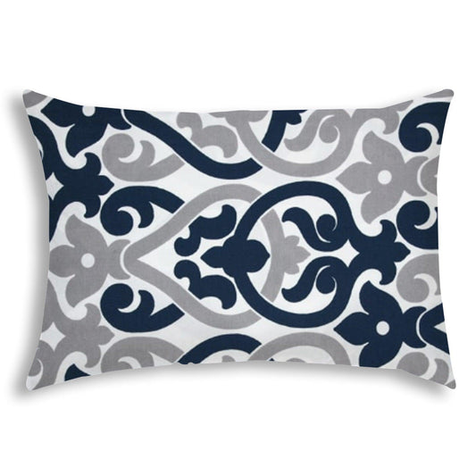 14" X 20" Navy Blue And White Blown Seam Trellis Lumbar Indoor Outdoor Pillow - FurniFindUSA