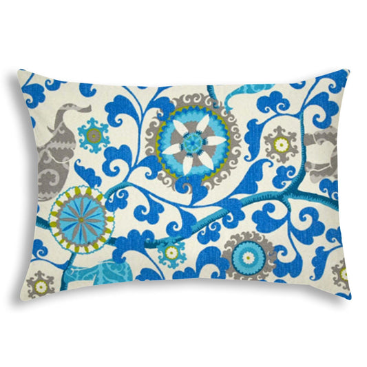 14" X 20" Blue And Gray Blown Seam Floral Lumbar Indoor Outdoor Pillow - FurniFindUSA