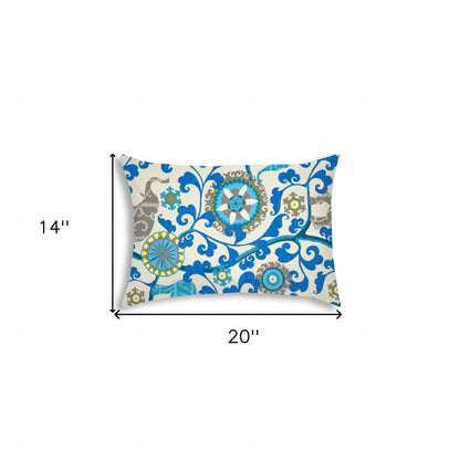 14" X 20" Blue And Gray Blown Seam Floral Lumbar Indoor Outdoor Pillow - FurniFindUSA