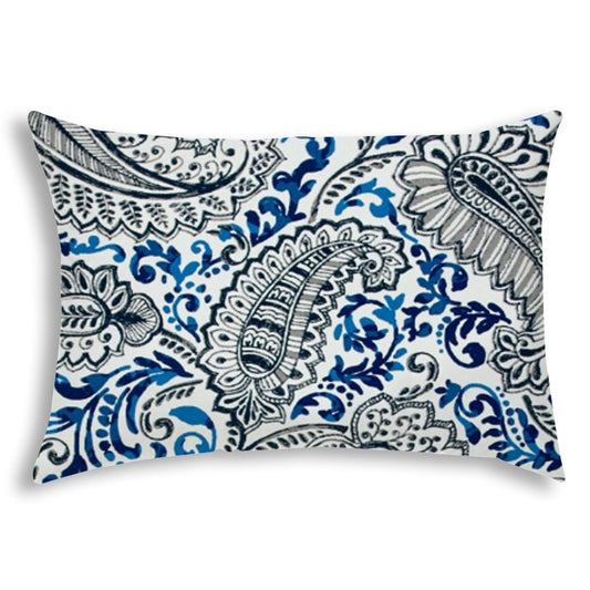 14" X 20" White And Blue Blown Seam Paisley Lumbar Indoor Outdoor Pillow - FurniFindUSA