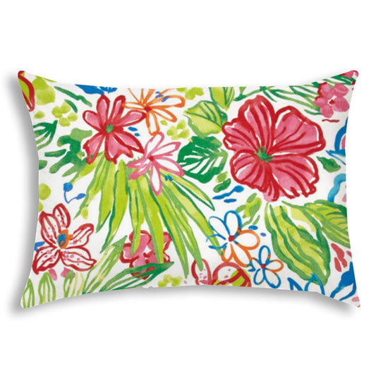 14" X 20" White And Green Blown Seam Floral Lumbar Indoor Outdoor Pillow - FurniFindUSA