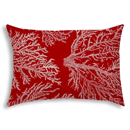 14" X 20" Red And White Corals Blown Seam Coastal Lumbar Indoor Outdoor Pillow - FurniFindUSA