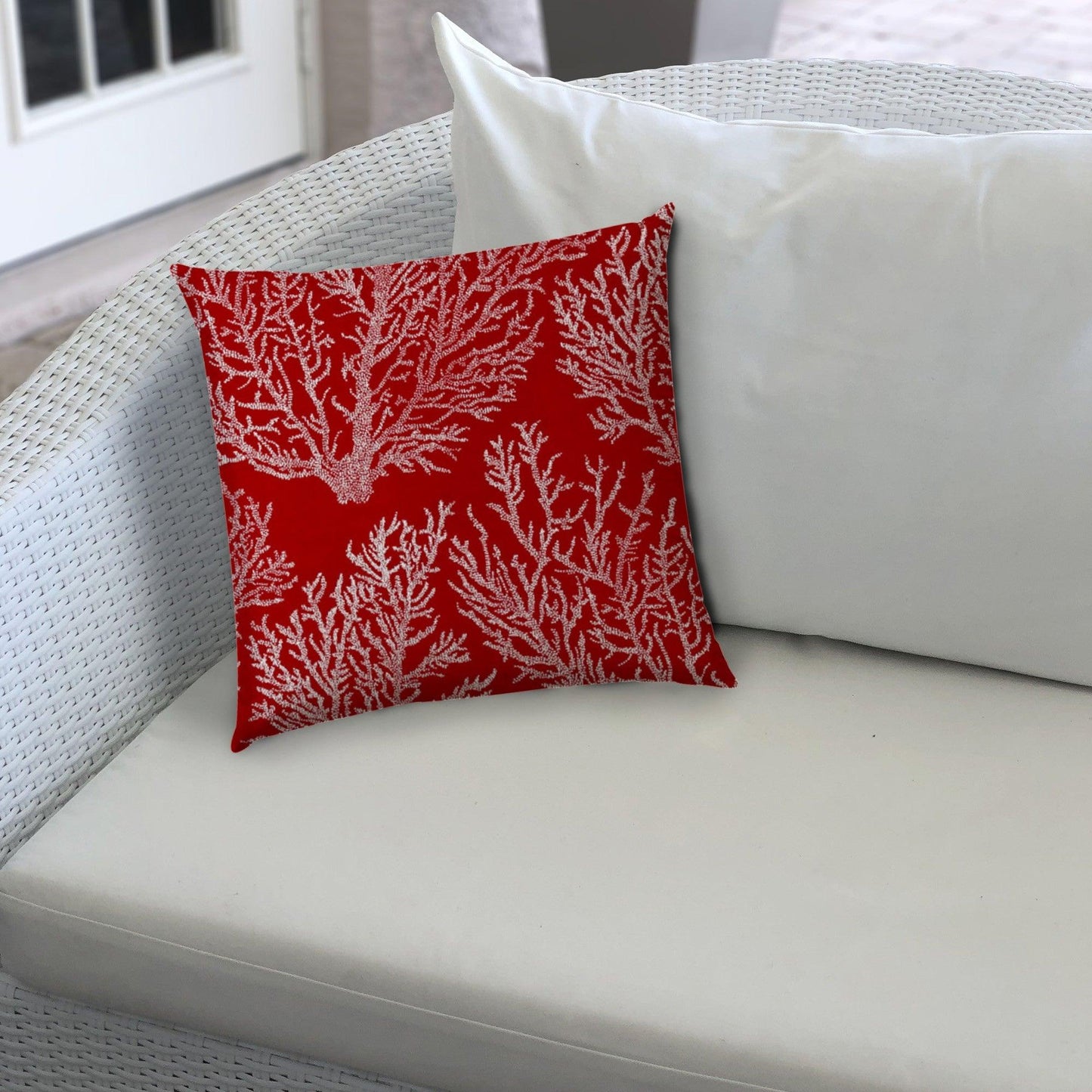 14" X 20" Red And White Corals Blown Seam Coastal Lumbar Indoor Outdoor Pillow - FurniFindUSA