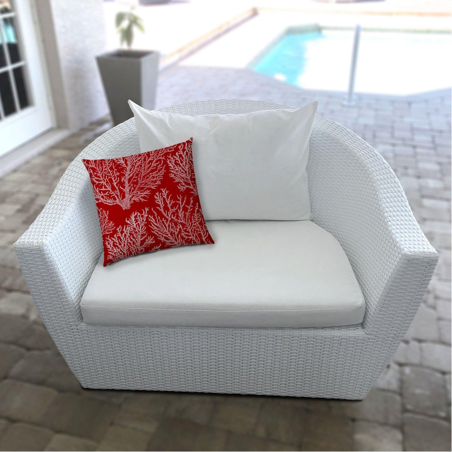 14" X 20" Red And White Corals Blown Seam Coastal Lumbar Indoor Outdoor Pillow - FurniFindUSA