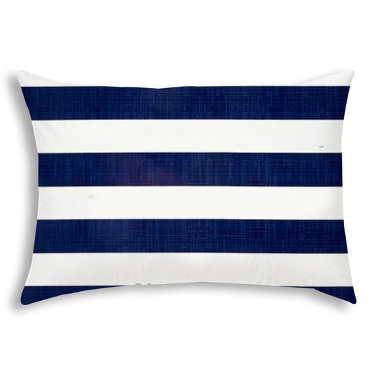 14" X 20" Navy Blue And White Blown Seam Striped Lumbar Indoor Outdoor Pillow - FurniFindUSA