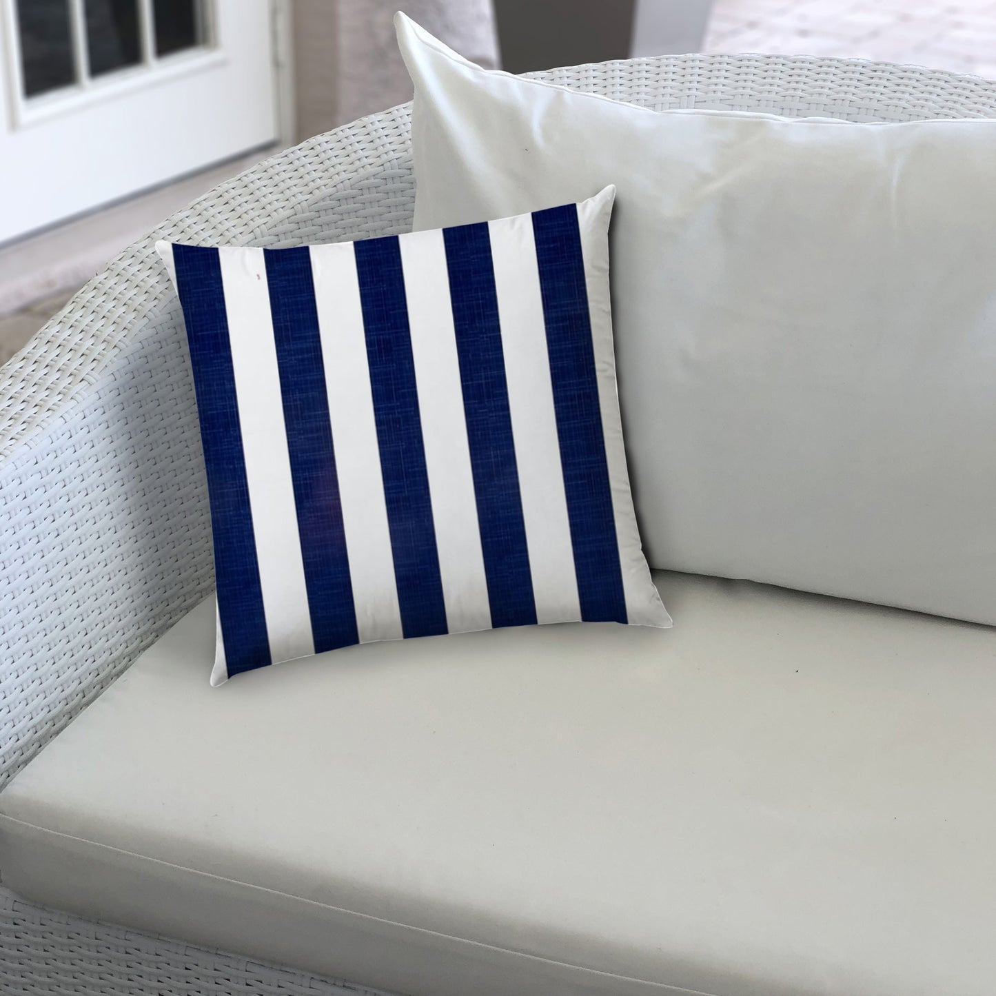 14" X 20" Navy Blue And White Blown Seam Striped Lumbar Indoor Outdoor Pillow