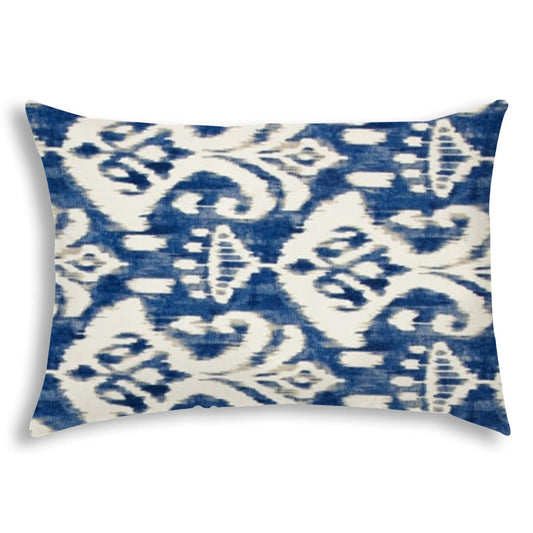 14" X 20" Indigo And Cream Blown Seam Ikat Lumbar Indoor Outdoor Pillow - FurniFindUSA