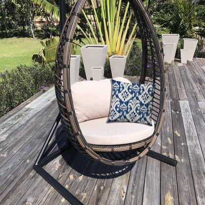 14" X 20" Indigo And Cream Blown Seam Ikat Lumbar Indoor Outdoor Pillow