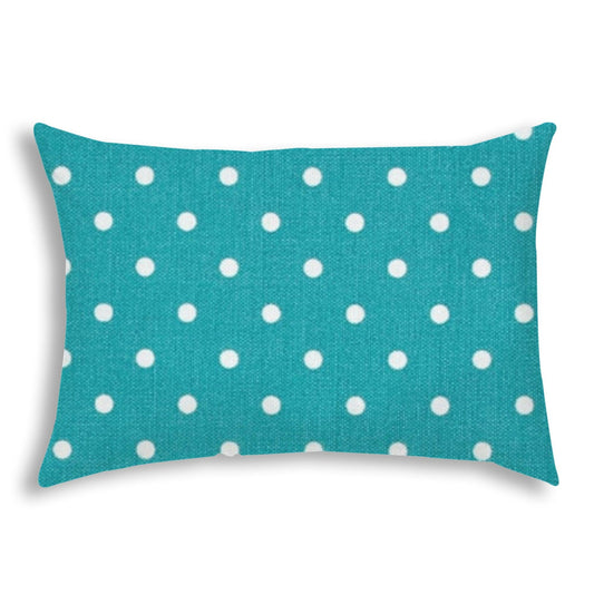 14" X 20" Turquoise Blown Seam Polka Dots Lumbar Indoor Outdoor Pillow - FurniFindUSA