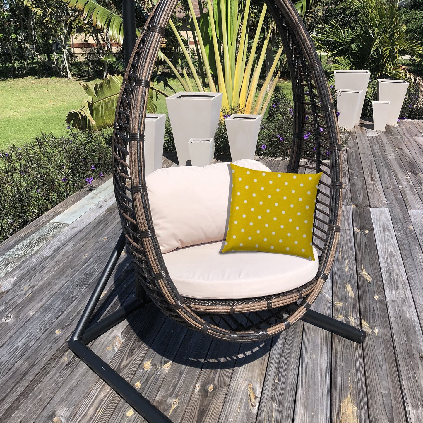 14" X 20" White And Yellow Blown Seam Polka Dots Lumbar Indoor Outdoor Pillow