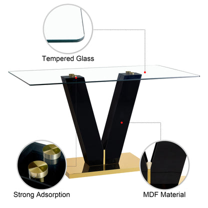 Large Modern Minimalist Rectangular Glass Dining Table for 6-8 with 0.4" Tempered Glass Tabletop and MDF slab V-Shaped Bracket