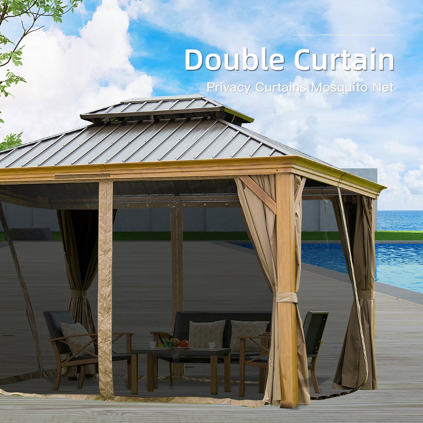 Domi Hardtop Gazebo Outdoor Aluminum Roof Canopy With Mosquito Netting and Curtains - FurniFindUSA