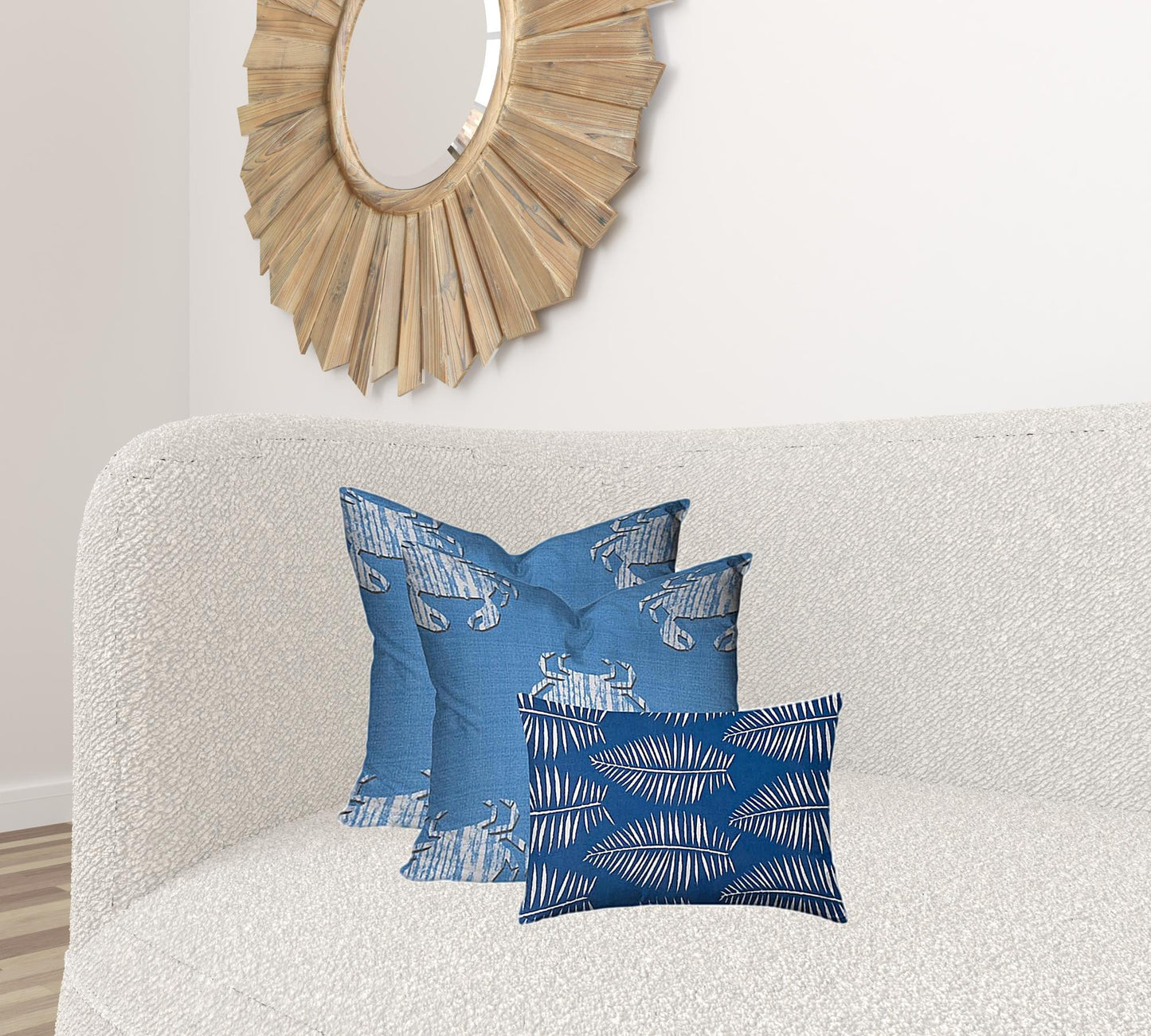 Set Of Three 20" X 20" Blue And White Crab Enveloped Coastal Throw Indoor Outdoor Pillow Cover