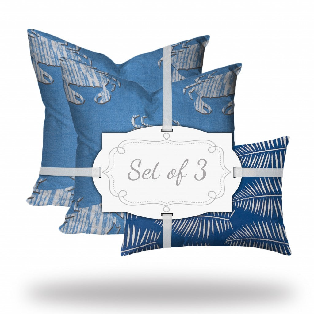 Set Of Three 20" X 20" Blue And White Crab Enveloped Coastal Throw Indoor Outdoor Pillow