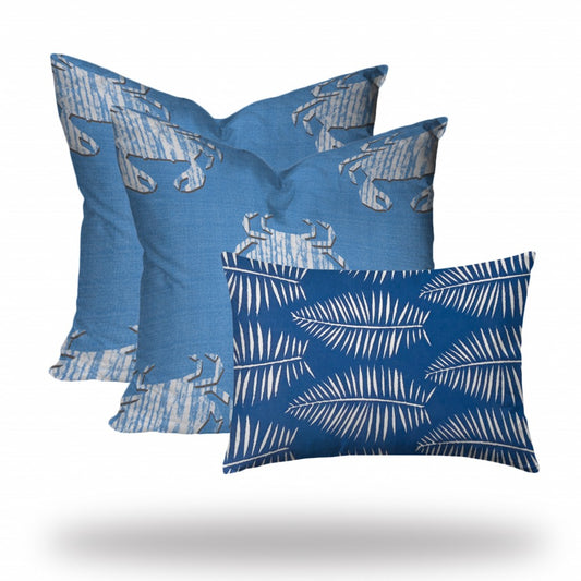 Set Of Three 20" X 20" Blue And White Crab Zippered Coastal Throw Indoor Outdoor Pillow Cover