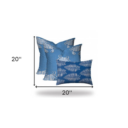 Set Of Three 20" X 20" Blue And White Crab Zippered Coastal Throw Indoor Outdoor Pillow Cover