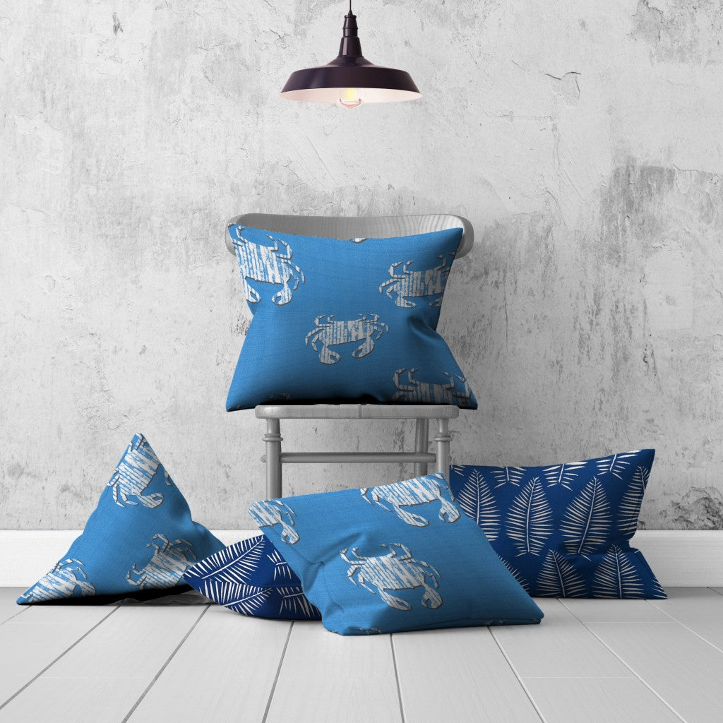 Set Of Three 20" X 20" Blue And White Crab Zippered Coastal Throw Indoor Outdoor Pillow