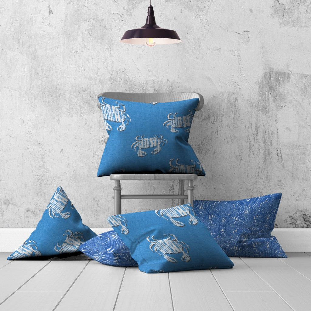 Set Of Three 20" X 20" Blue And White Crab Enveloped Coastal Throw Indoor Outdoor Pillow Cover