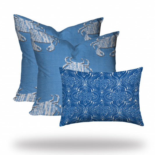 Set Of Three 20" X 20" Blue And White Crab Zippered Coastal Throw Indoor Outdoor Pillow Cover