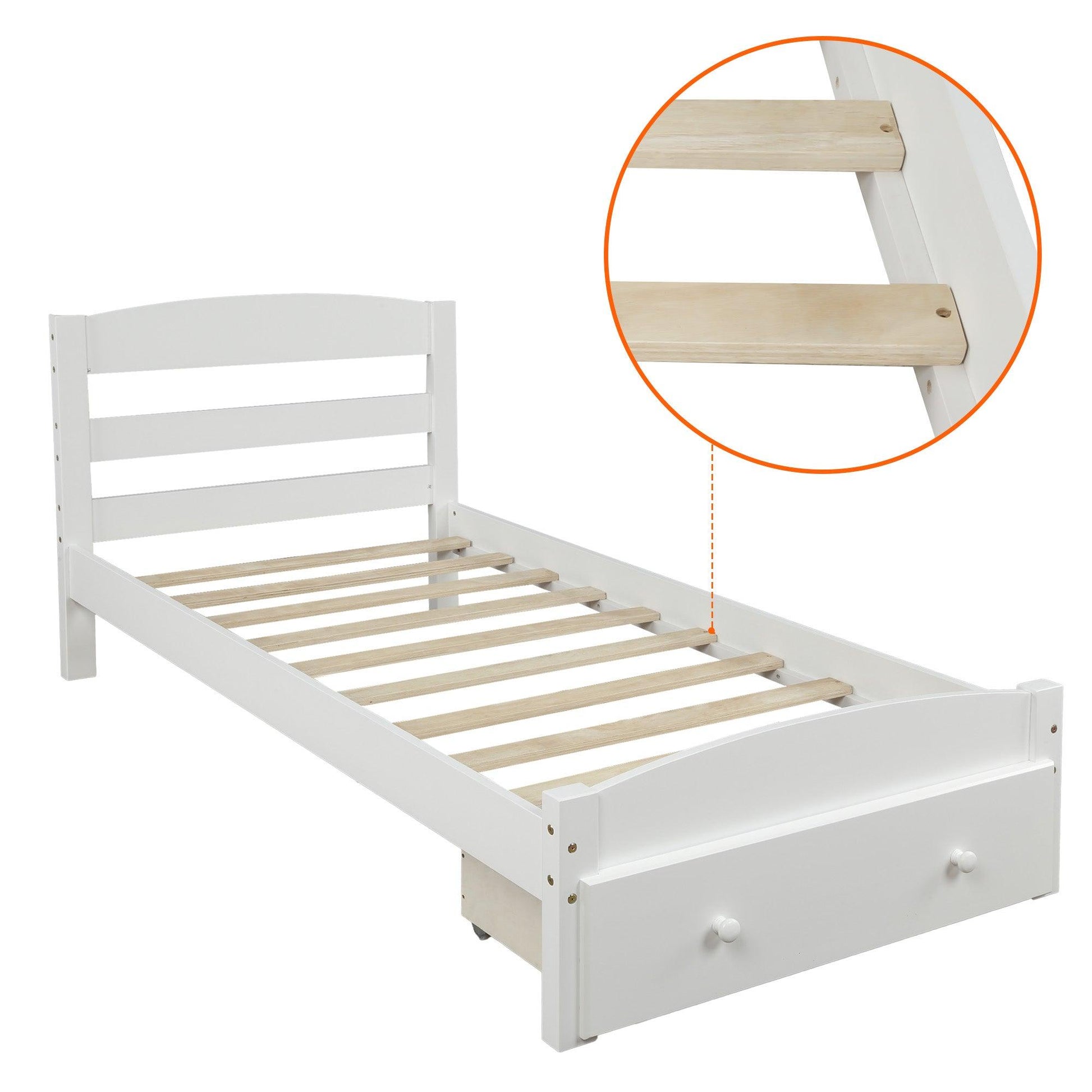 Platform Twin Bed Frame with Storage Drawer and Wood Slat Support No Box Spring Needed White - FurniFindUSA