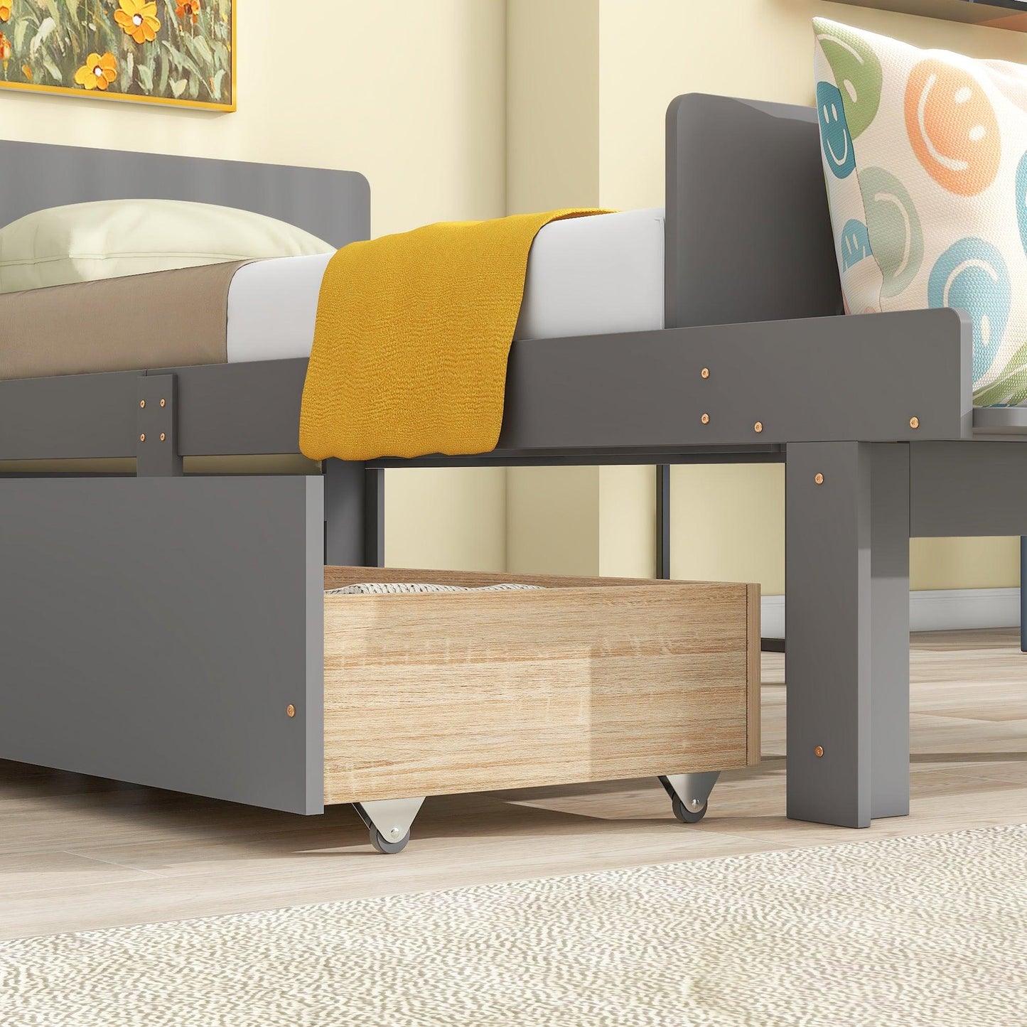 Twin Bed with Footboard Bench 2 drawers Grey - FurniFindUSA