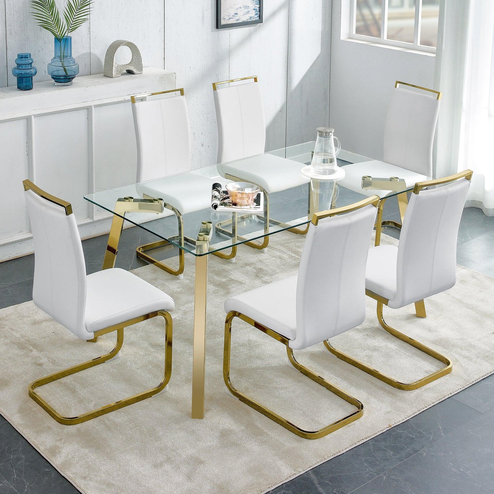 Modern minimalist style rectangular glass dining table with tempered glass tabletop and golden metal legs - FurniFindUSA