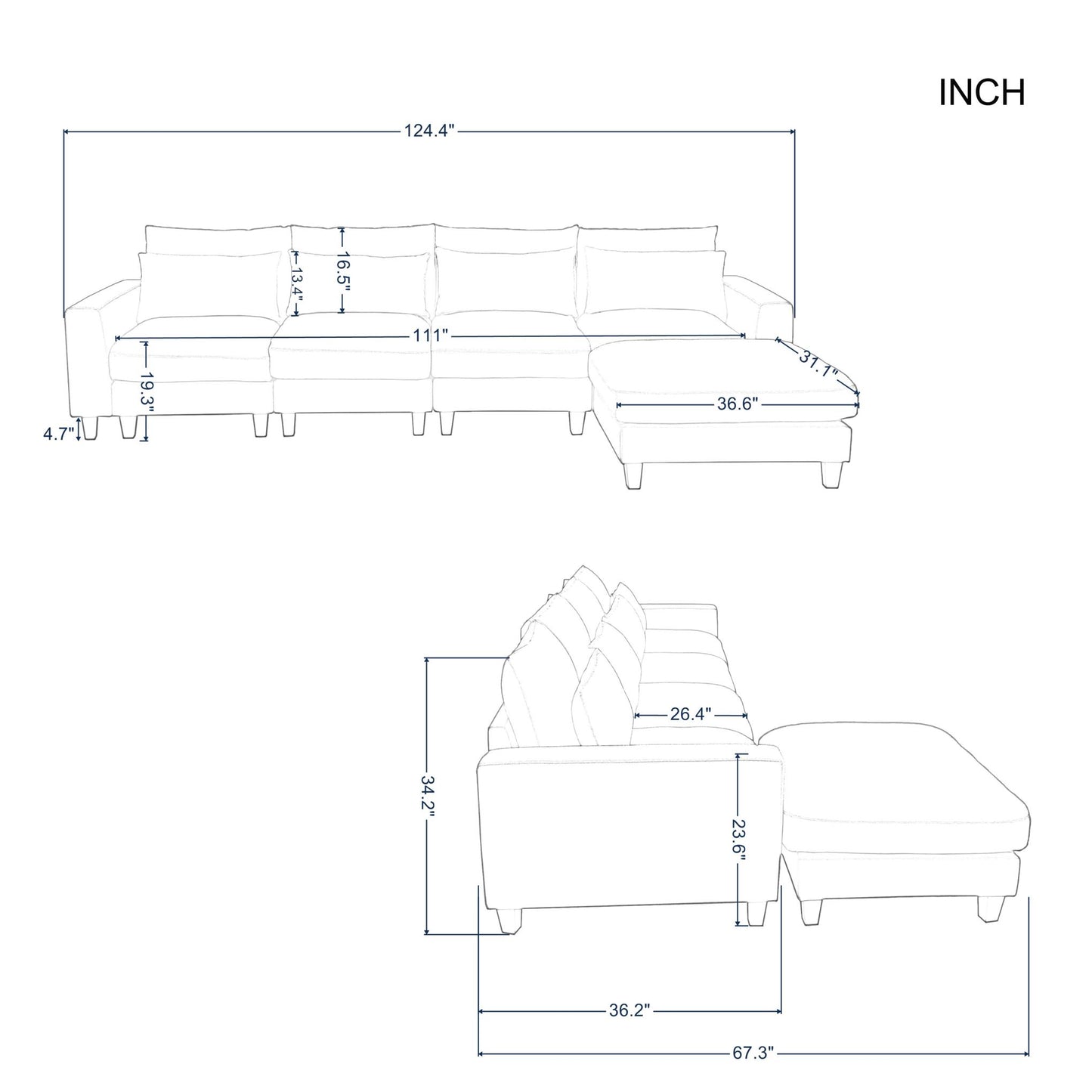 124.4” Modular L-Shaped Sectional Sofa with Ottoman