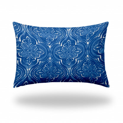 12" X 16" Blue And White Enveloped Ikat Lumbar Indoor Outdoor Pillow