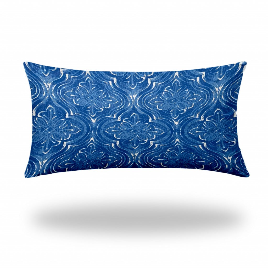 12" X 16" Blue And White Enveloped Ikat Lumbar Indoor Outdoor Pillow