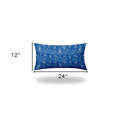 12" X 16" Blue And White Enveloped Ikat Lumbar Indoor Outdoor Pillow