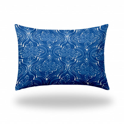 12" X 16" Blue And White Enveloped Ikat Lumbar Indoor Outdoor Pillow