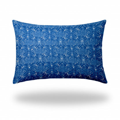 12" X 16" Blue And White Enveloped Ikat Lumbar Indoor Outdoor Pillow