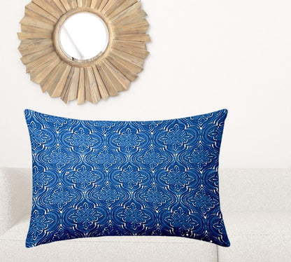 12" X 16" Blue And White Enveloped Ikat Lumbar Indoor Outdoor Pillow