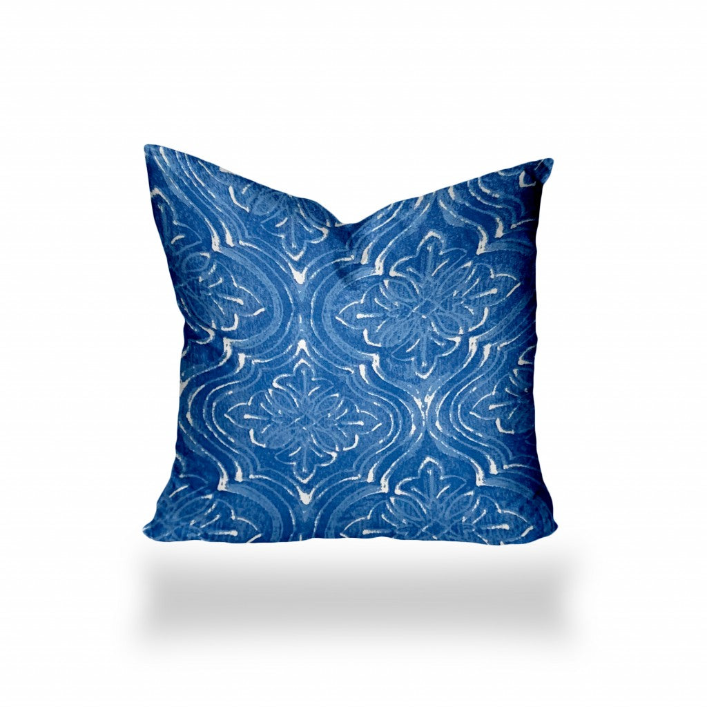 12" X 16" Blue And White Enveloped Ikat Lumbar Indoor Outdoor Pillow