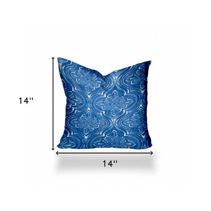 12" X 16" Blue And White Enveloped Ikat Lumbar Indoor Outdoor Pillow