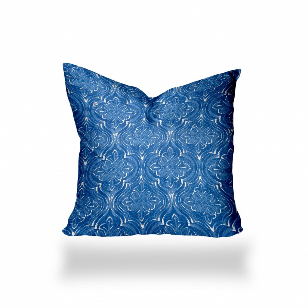 12" X 16" Blue And White Enveloped Ikat Lumbar Indoor Outdoor Pillow