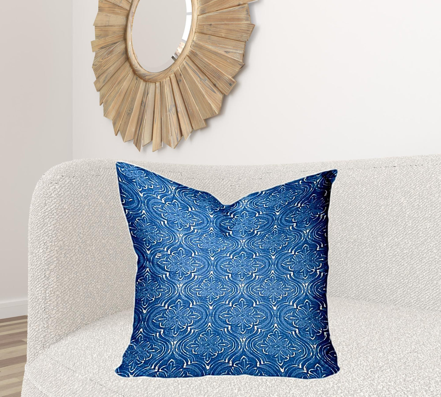 12" X 16" Blue And White Enveloped Ikat Lumbar Indoor Outdoor Pillow