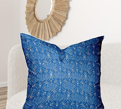 12" X 16" Blue And White Enveloped Ikat Lumbar Indoor Outdoor Pillow