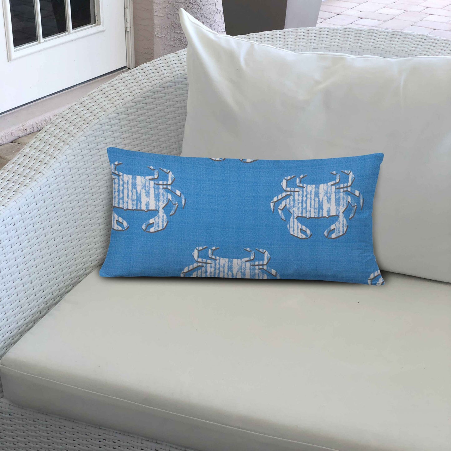 12" X 16" Blue And White Crab Blown Seam Coastal Lumbar Indoor Outdoor Pillow