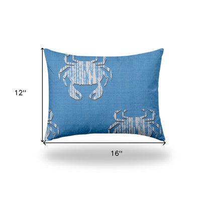 12" X 16" Blue And White Crab Blown Seam Coastal Lumbar Indoor Outdoor Pillow