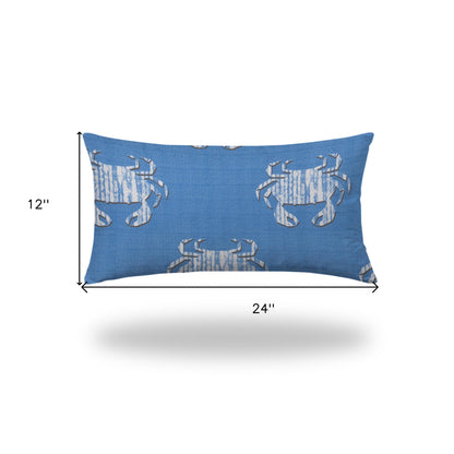 12" X 16" Blue And White Crab Enveloped Coastal Lumbar Indoor Outdoor Pillow