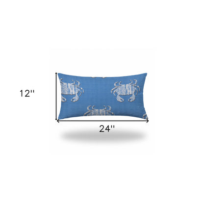 12" X 16" Blue And White Crab Blown Seam Coastal Lumbar Indoor Outdoor Pillow